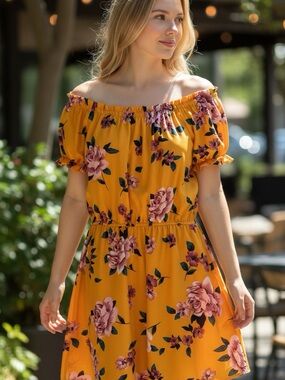 MPH Yellow Floral Off Shoulder Mini Dress Summer Vacation Size L